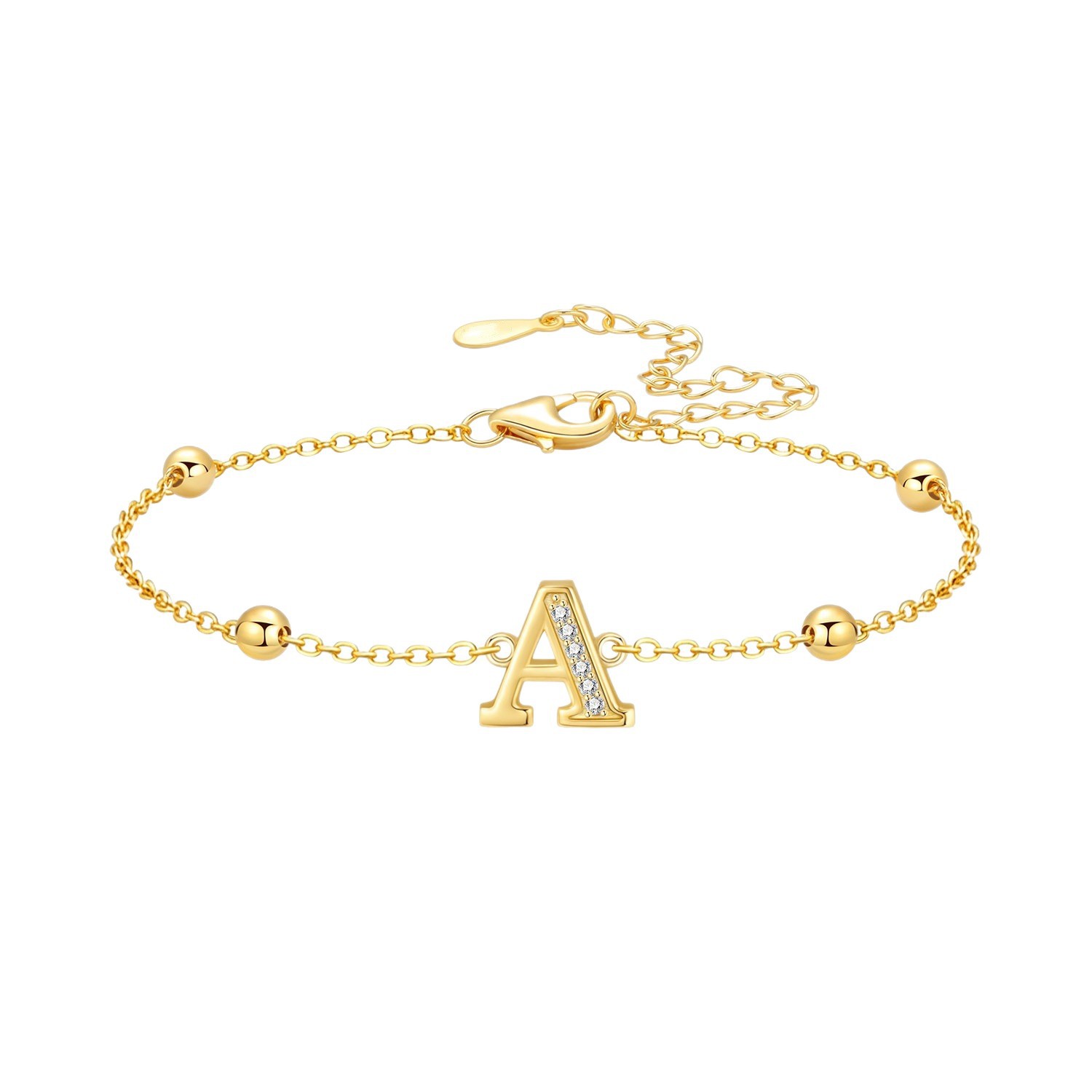 Electroplated 18K Real Gold Plated Brass Letter Bracelet For Women With Zircon Inlay 5