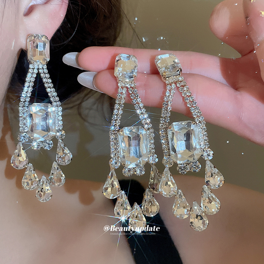 Gold Water Droplets Drop Earrings For Women With Copper And Crystal Inlay, Featuring 304 Stainless Steel Ear Pins 2