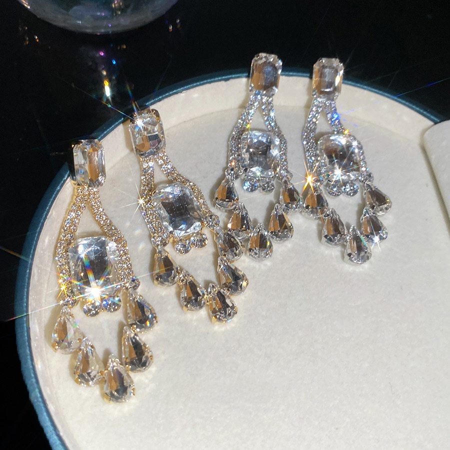 Gold Water Droplets Drop Earrings For Women With Copper And Crystal Inlay, Featuring 304 Stainless Steel Ear Pins 3