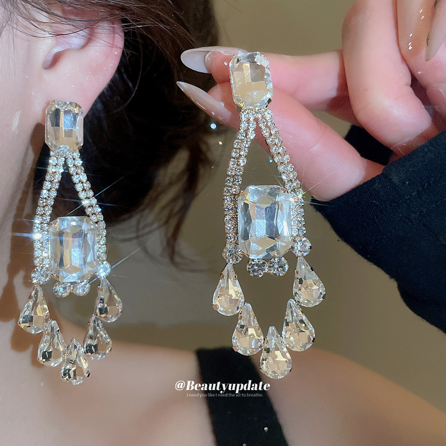 Gold Water Droplets Drop Earrings For Women With Copper And Crystal Inlay, Featuring 304 Stainless Steel Ear Pins 4
