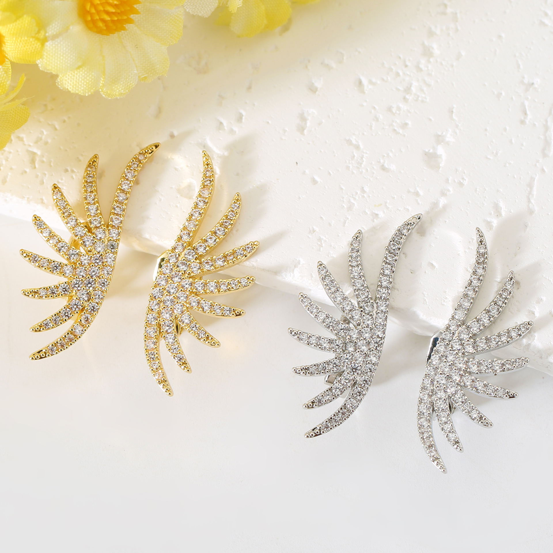 Gold Wings Clip Earrings For Women With Electroplated Finish And Copper Ear Pins Featuring Zircon Inlay