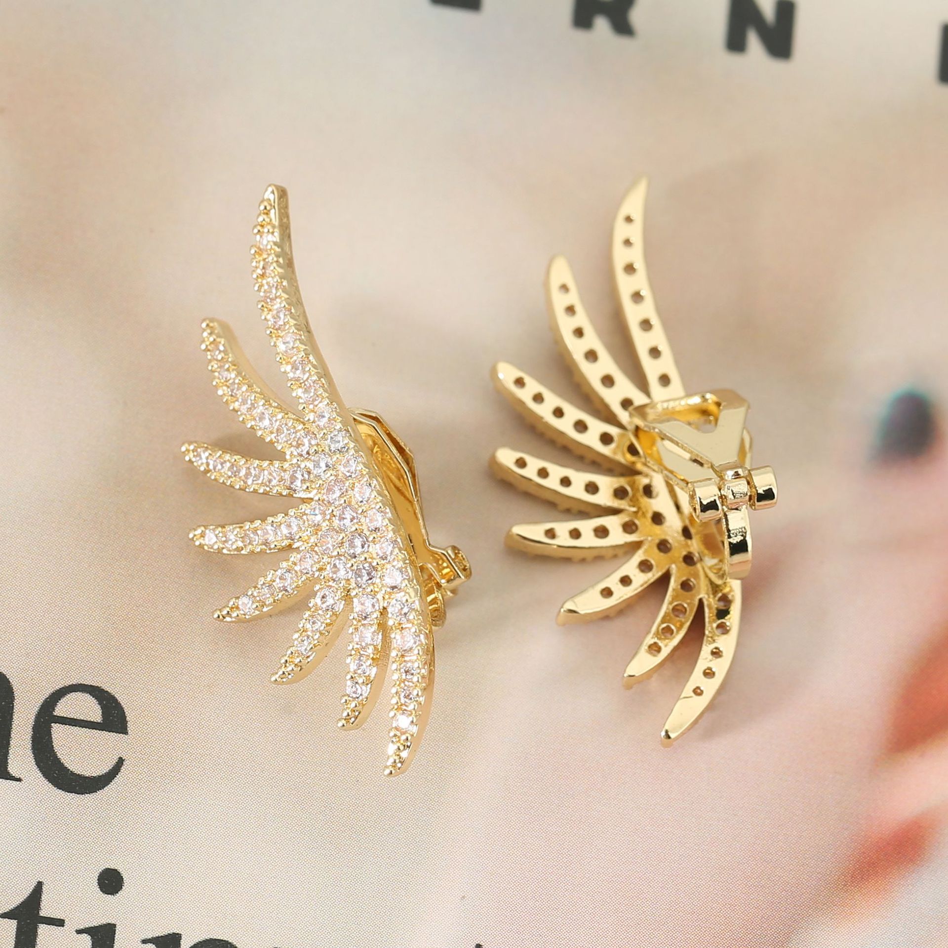 Gold Wings Clip Earrings For Women With Electroplated Finish And Copper Ear Pins Featuring Zircon Inlay 2