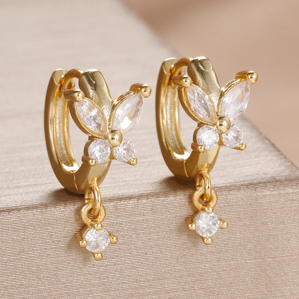 Golden Butterfly Earrings For Women In Copper With Zircon Inlay, 1 Pair 4
