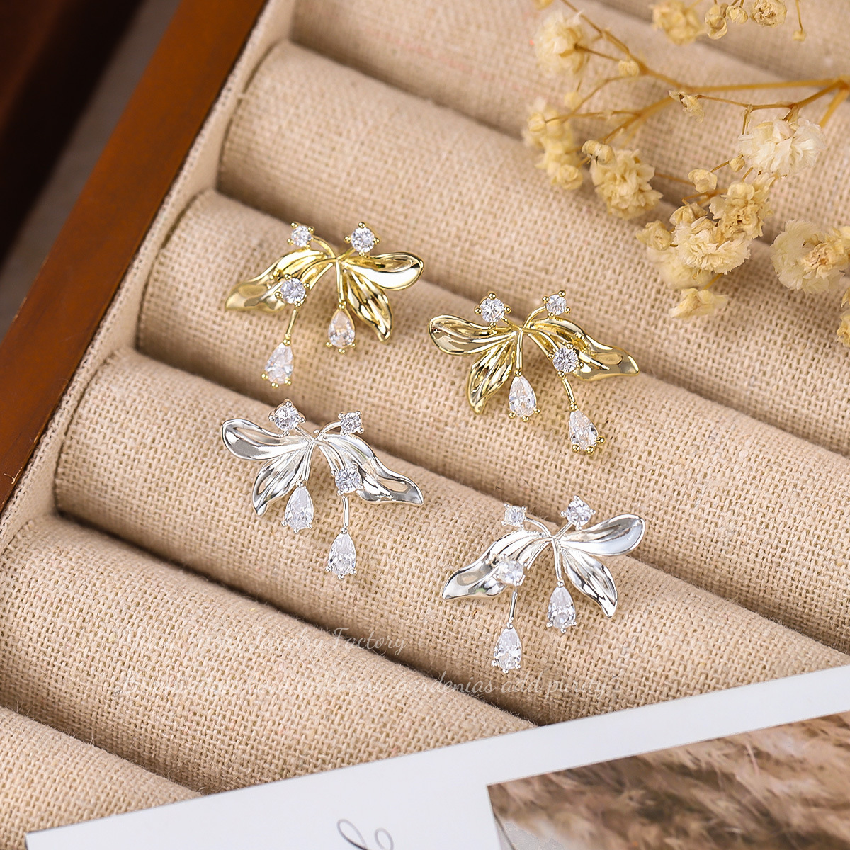 Golden Flowers Earrings For Women In Copper With Zircon Inlay, Elegant Floral Design Jewelry
