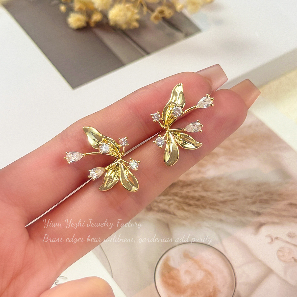 Golden Flowers Earrings For Women In Copper With Zircon Inlay, Elegant Floral Design Jewelry 3