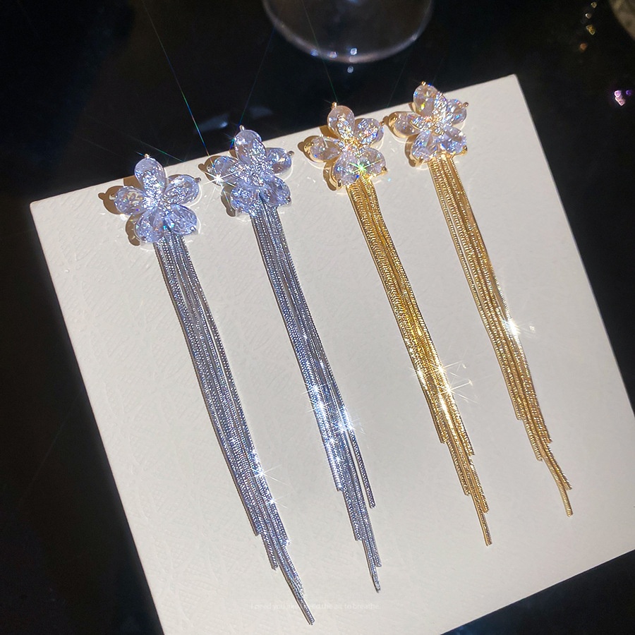 Golden Flowers Tassel Stud Earrings For Women In Copper With Zircon Inlay And 18K Real Gold Plated Finish