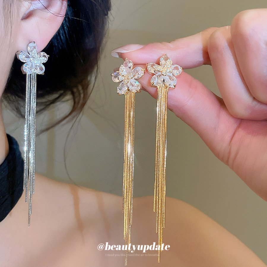 Golden Flowers Tassel Stud Earrings For Women In Copper With Zircon Inlay And 18K Real Gold Plated Finish 2