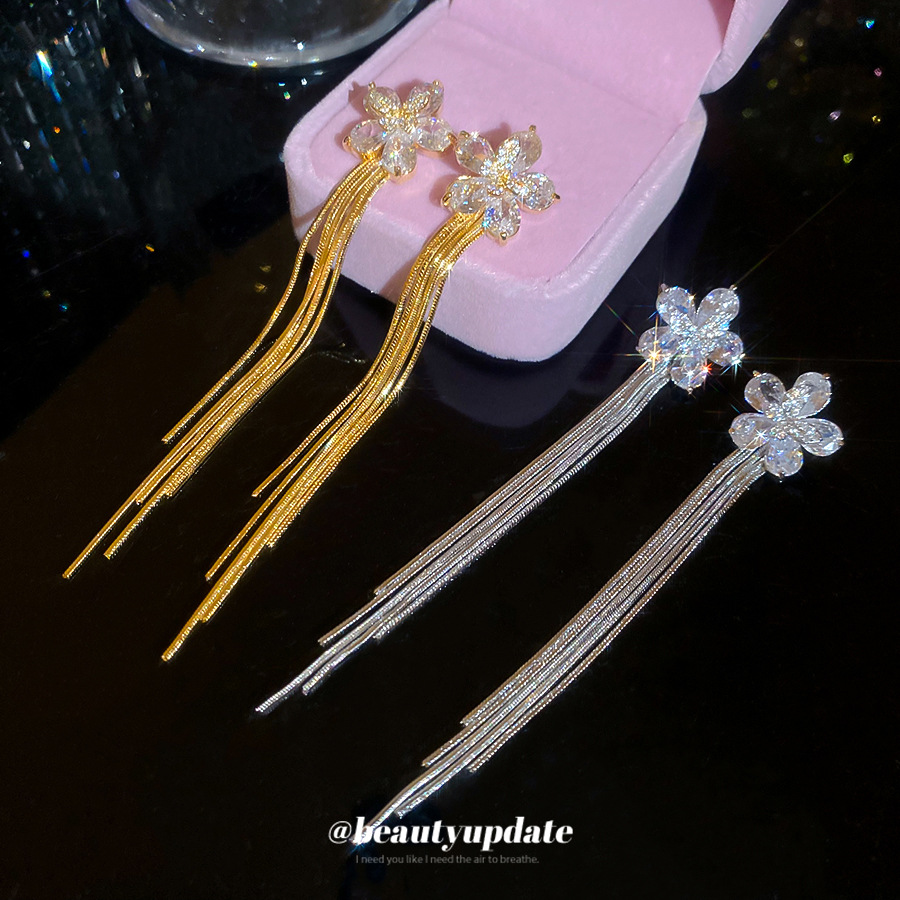 Golden Flowers Tassel Stud Earrings For Women In Copper With Zircon Inlay And 18K Real Gold Plated Finish 3