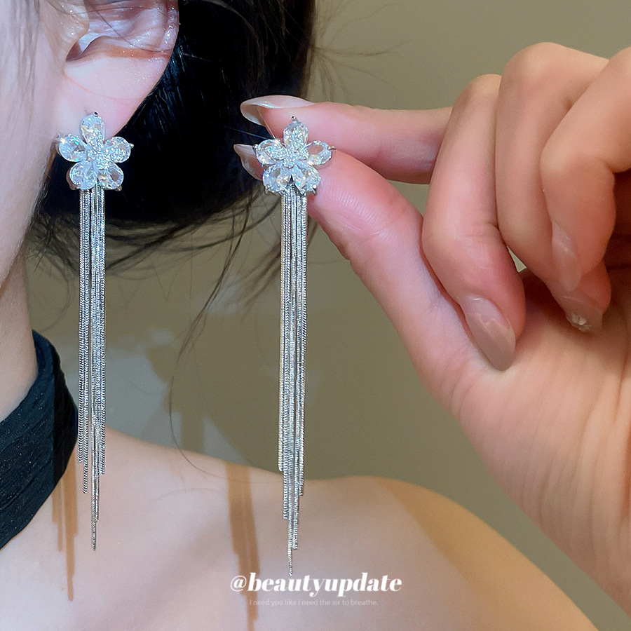 Golden Flowers Tassel Stud Earrings For Women In Copper With Zircon Inlay And 18K Real Gold Plated Finish 4