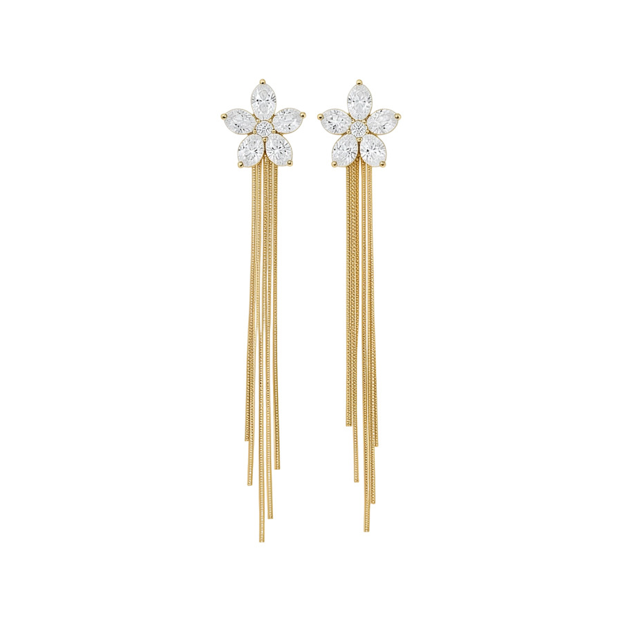 Golden Flowers Tassel Stud Earrings For Women In Copper With Zircon Inlay And 18K Real Gold Plated Finish 5