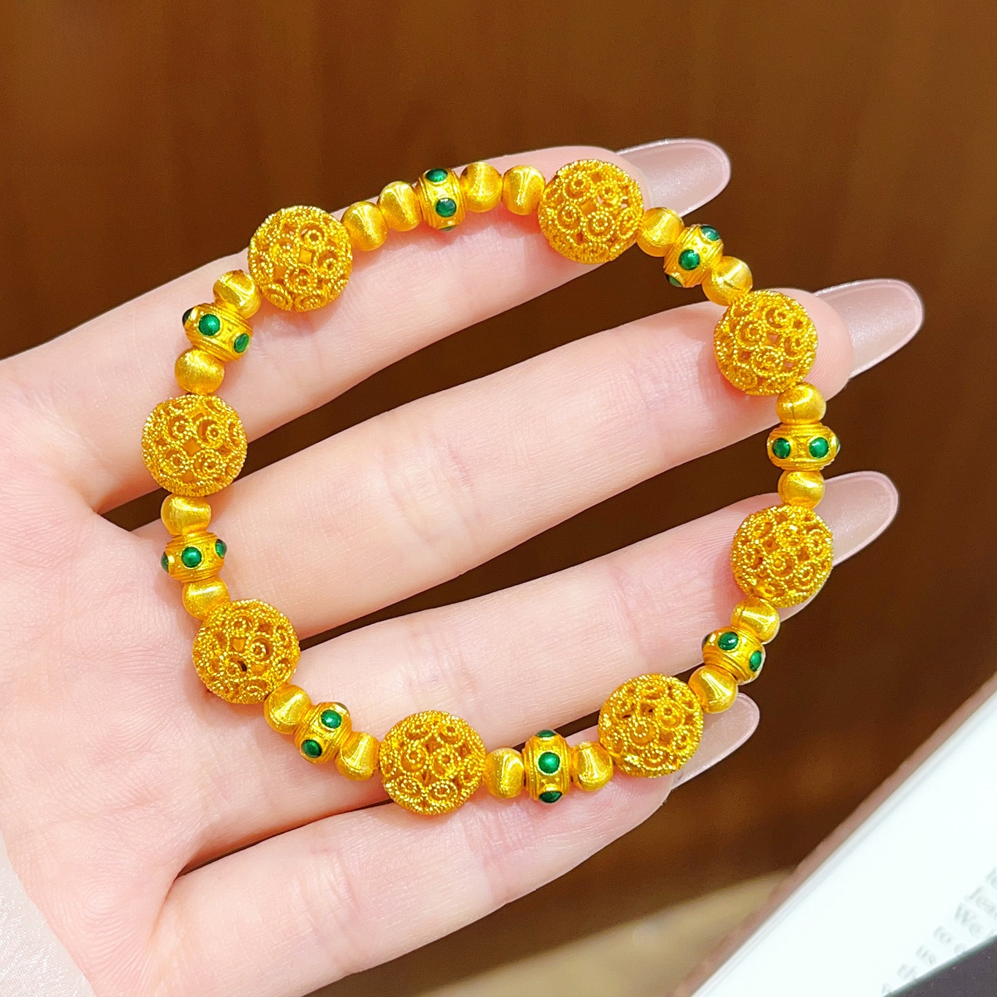 Golden Plated Copper Enamel Flowers Bracelet With Cat's Eye Stone Inlay For Women