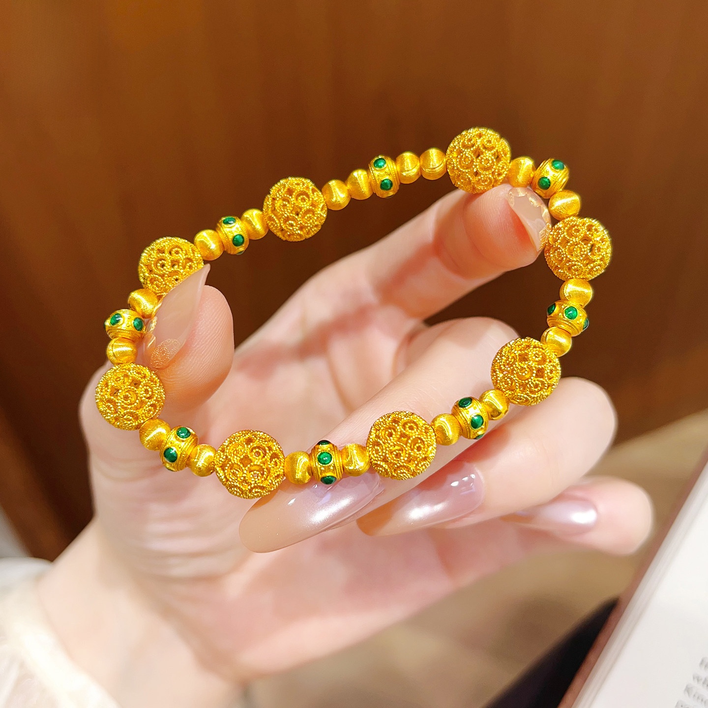 Golden Plated Copper Enamel Flowers Bracelet With Cat's Eye Stone Inlay For Women 2