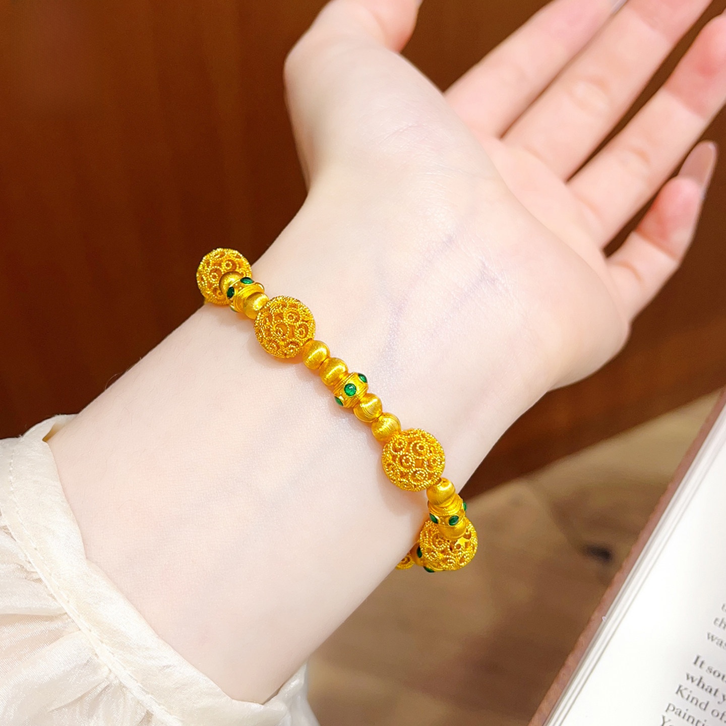 Golden Plated Copper Enamel Flowers Bracelet With Cat's Eye Stone Inlay For Women 3