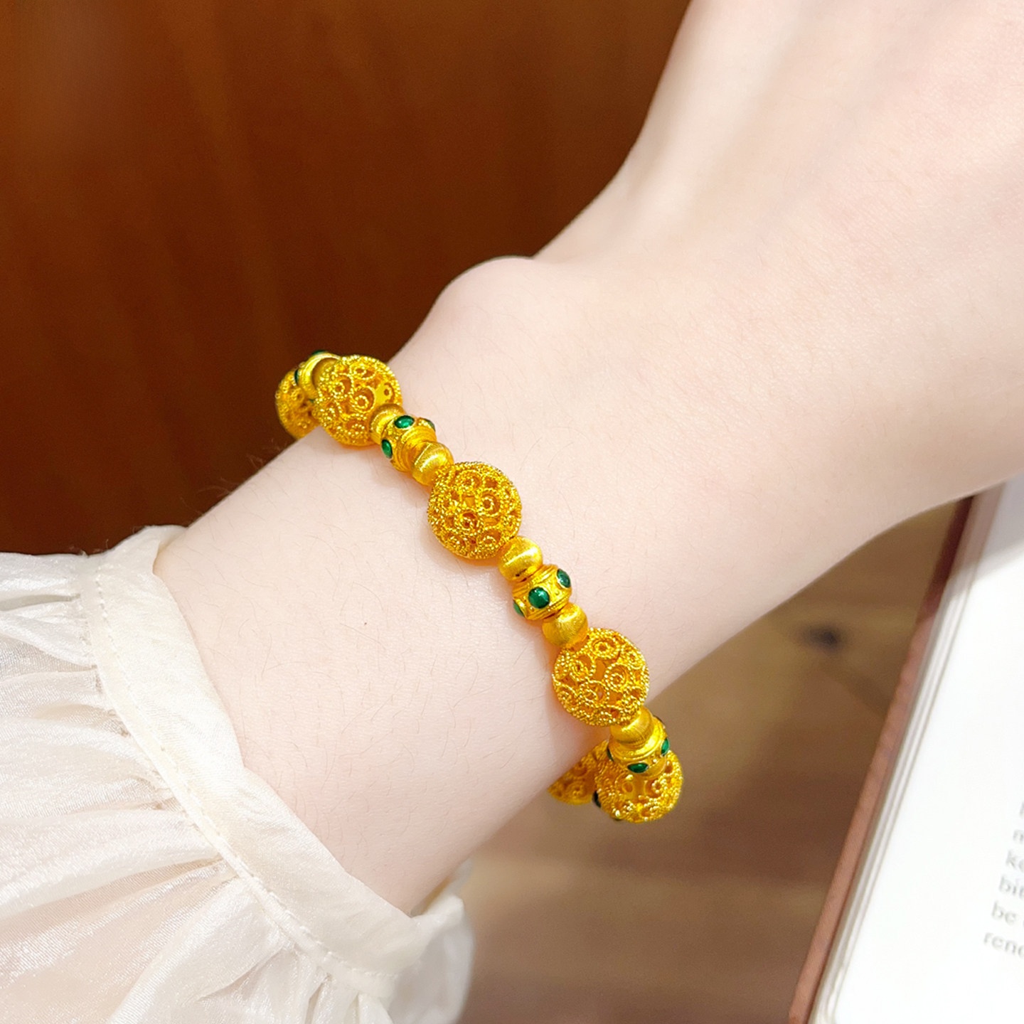 Golden Plated Copper Enamel Flowers Bracelet With Cat's Eye Stone Inlay For Women 4