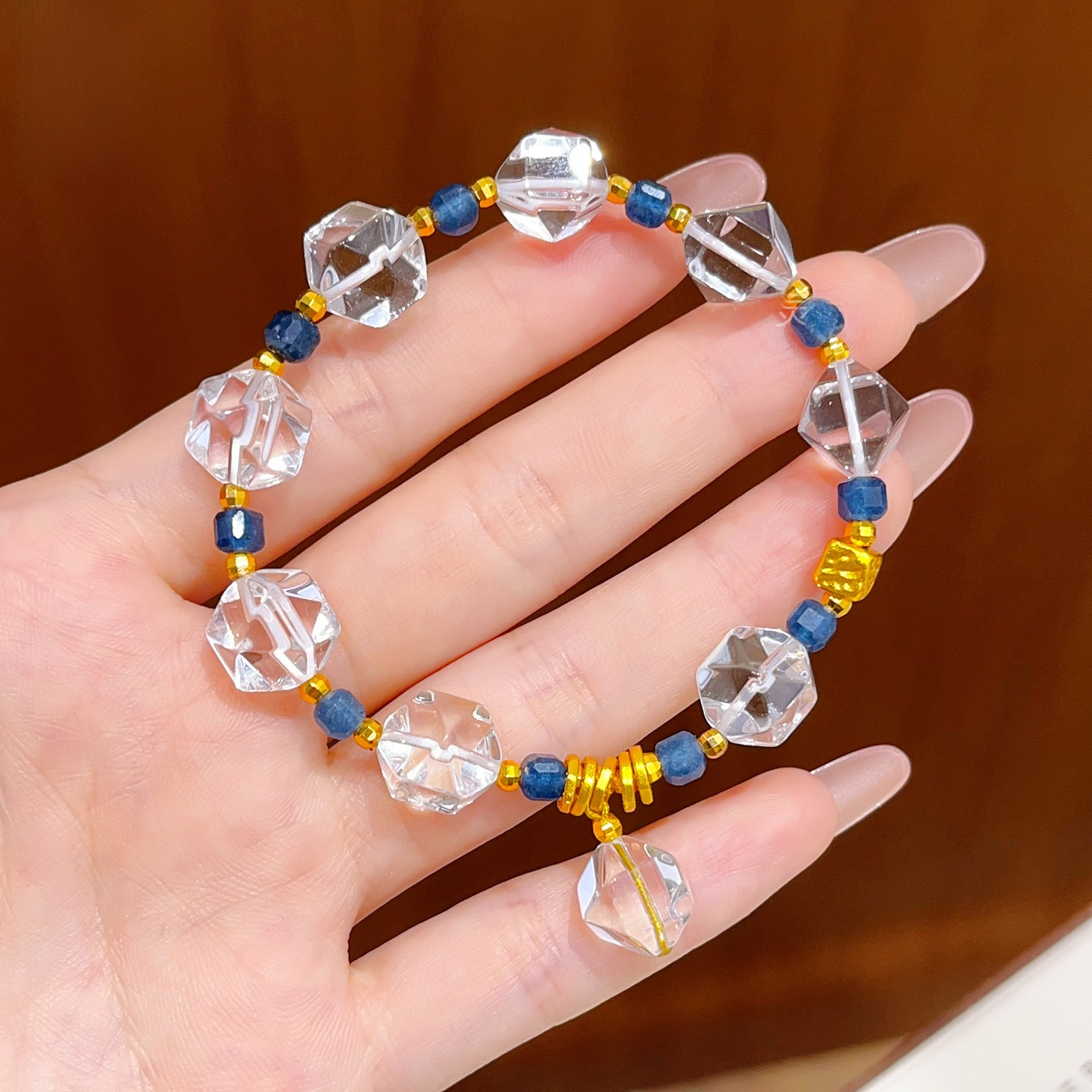 Golden Plated Copper Faceted Fruit Bracelet For Women With Natural White Pearl Accent