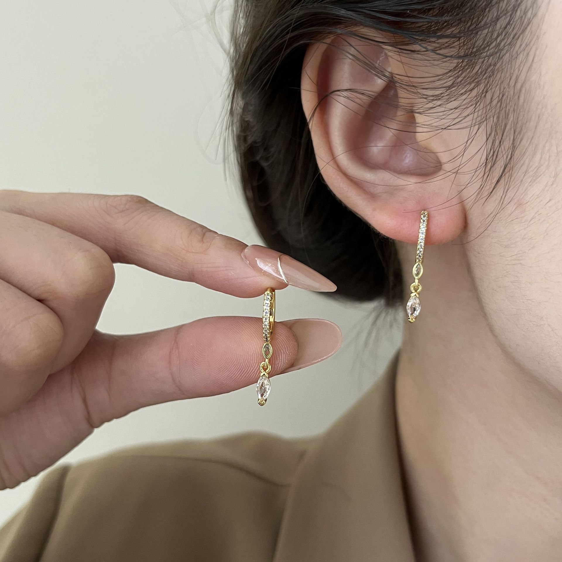 Golden Water Droplets Drop Earrings For Unisex Featuring Electroplated Copper With Zircon Inlay 2