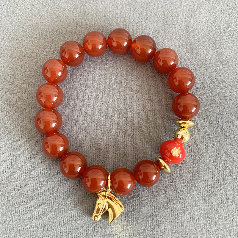 Gourd Beading Agate Bracelet With Carnelian Inlay In Red Bangle Style