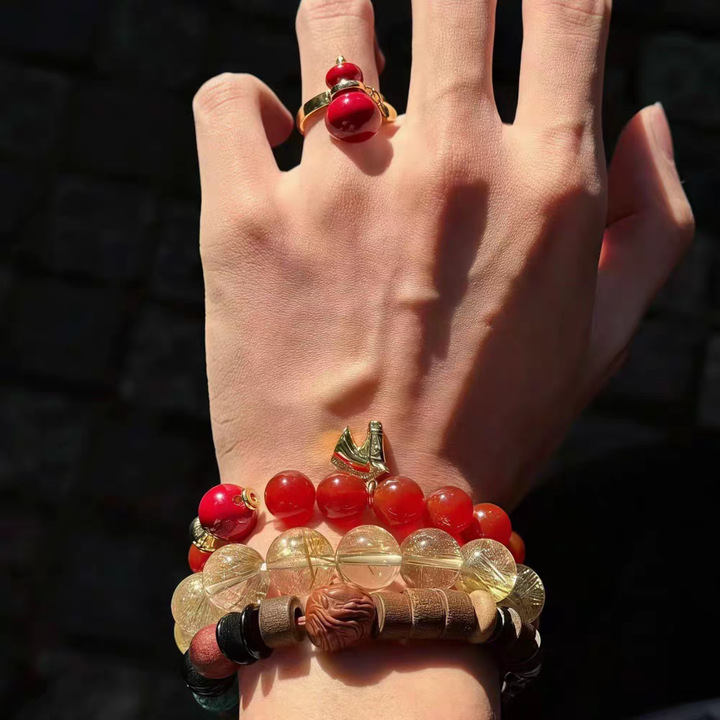 Gourd Beading Agate Bracelet With Carnelian Inlay In Red Bangle Style 2