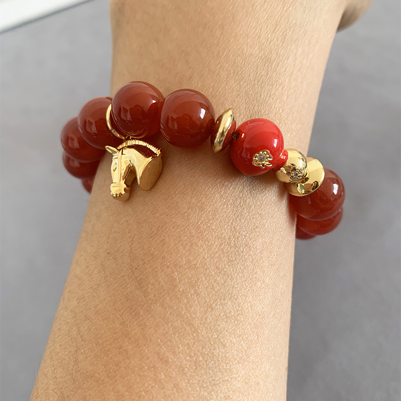 Gourd Beading Agate Bracelet With Carnelian Inlay In Red Bangle Style 3