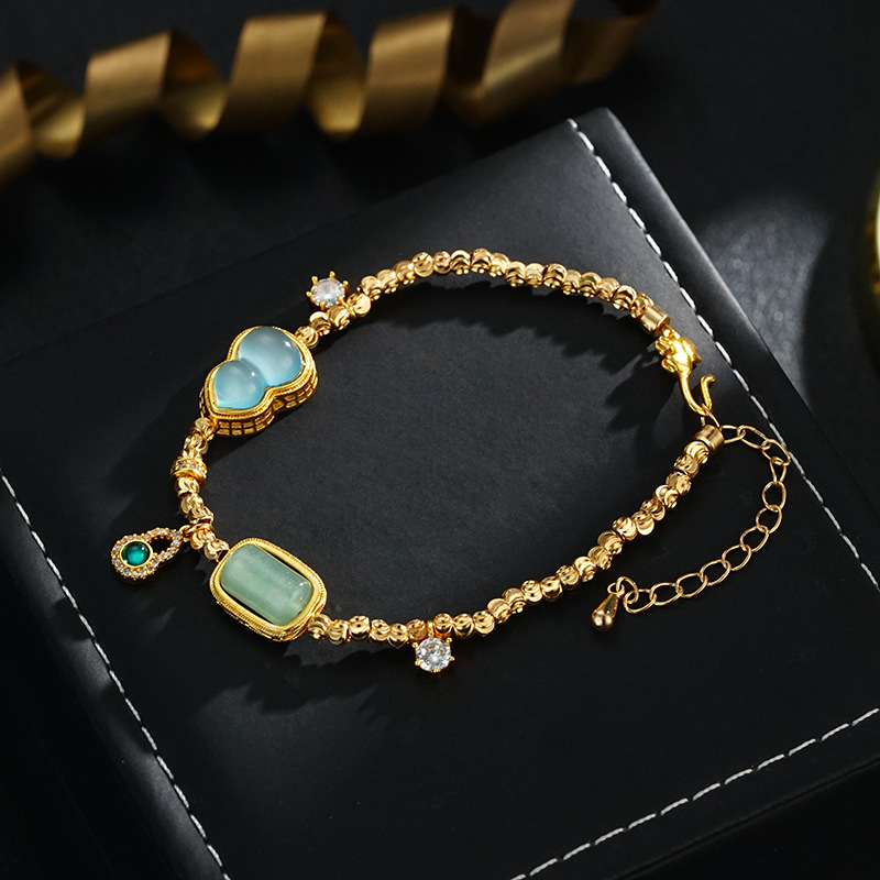 Gourd Copper Bracelet For Women With 18K Real Gold Plated Finish In Green