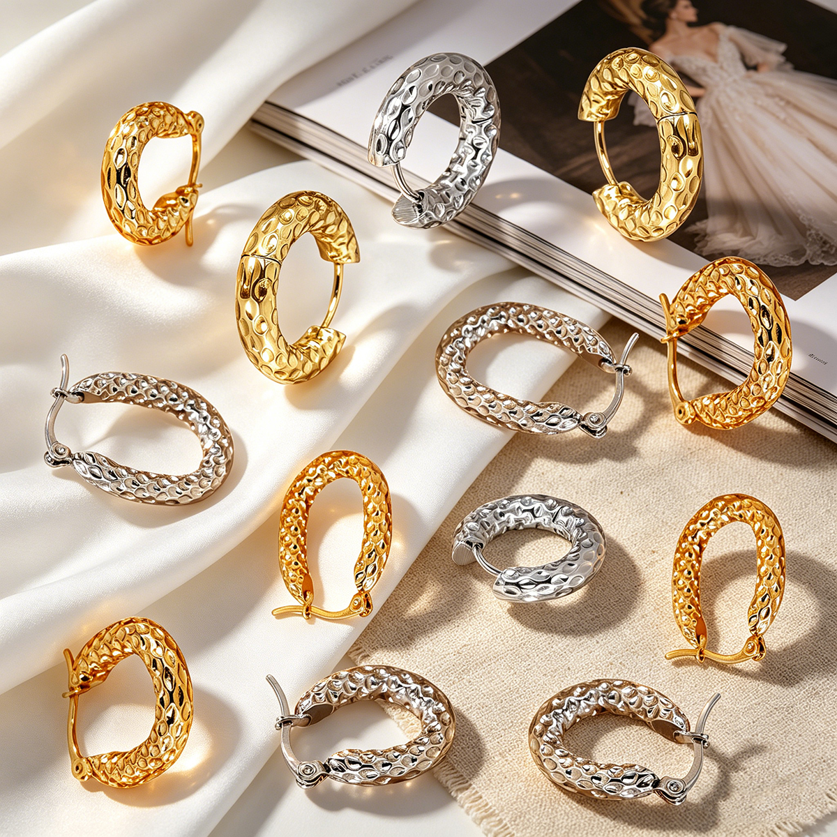 Hammered Circle Earrings In 304 Stainless Steel With 16K Real Gold PVD Coated Plating, 0.01µm Thickness, Unisex Design