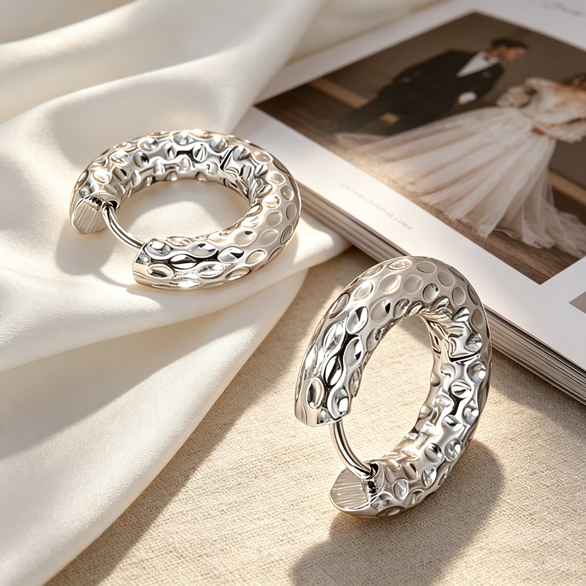 Hammered Circle Earrings In 304 Stainless Steel With 16K Real Gold PVD Coated Plating, 0.01µm Thickness, Unisex Design 2