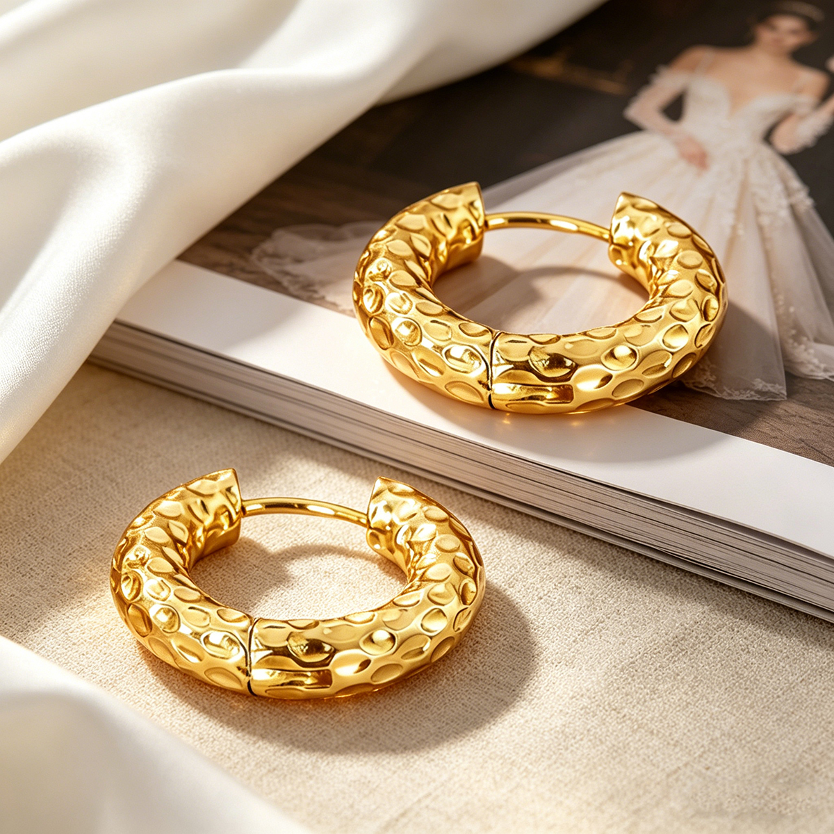 Hammered Circle Earrings In 304 Stainless Steel With 16K Real Gold PVD Coated Plating, 0.01µm Thickness, Unisex Design 4