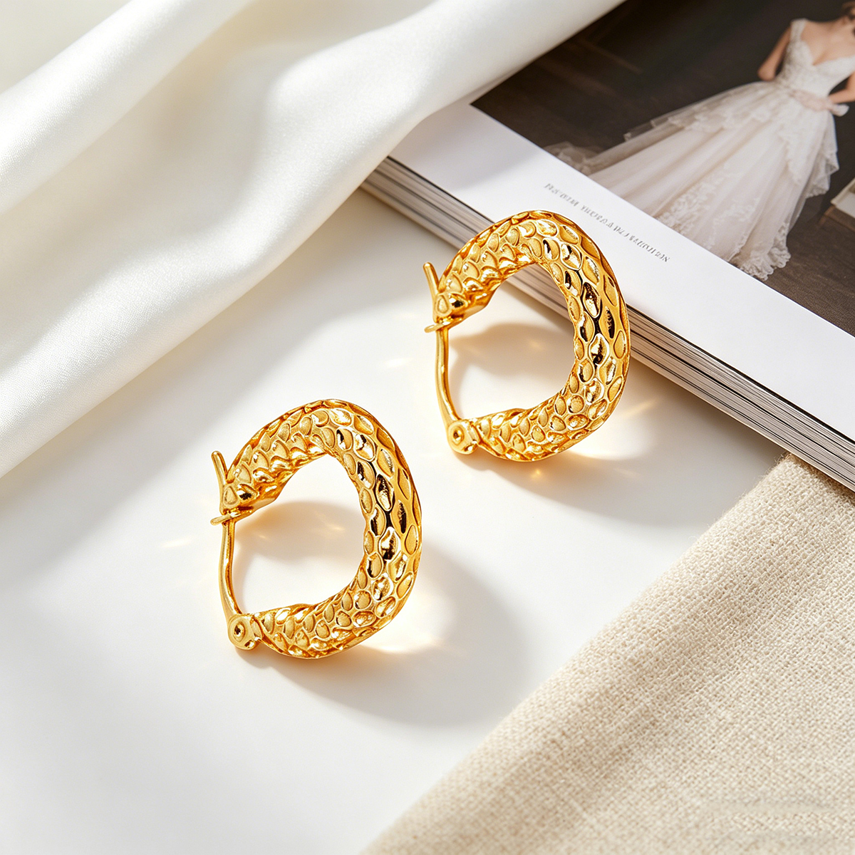 Hammered Circle Earrings In 304 Stainless Steel With 16K Real Gold PVD Coated Plating, 0.01µm Thickness, Unisex Design 6