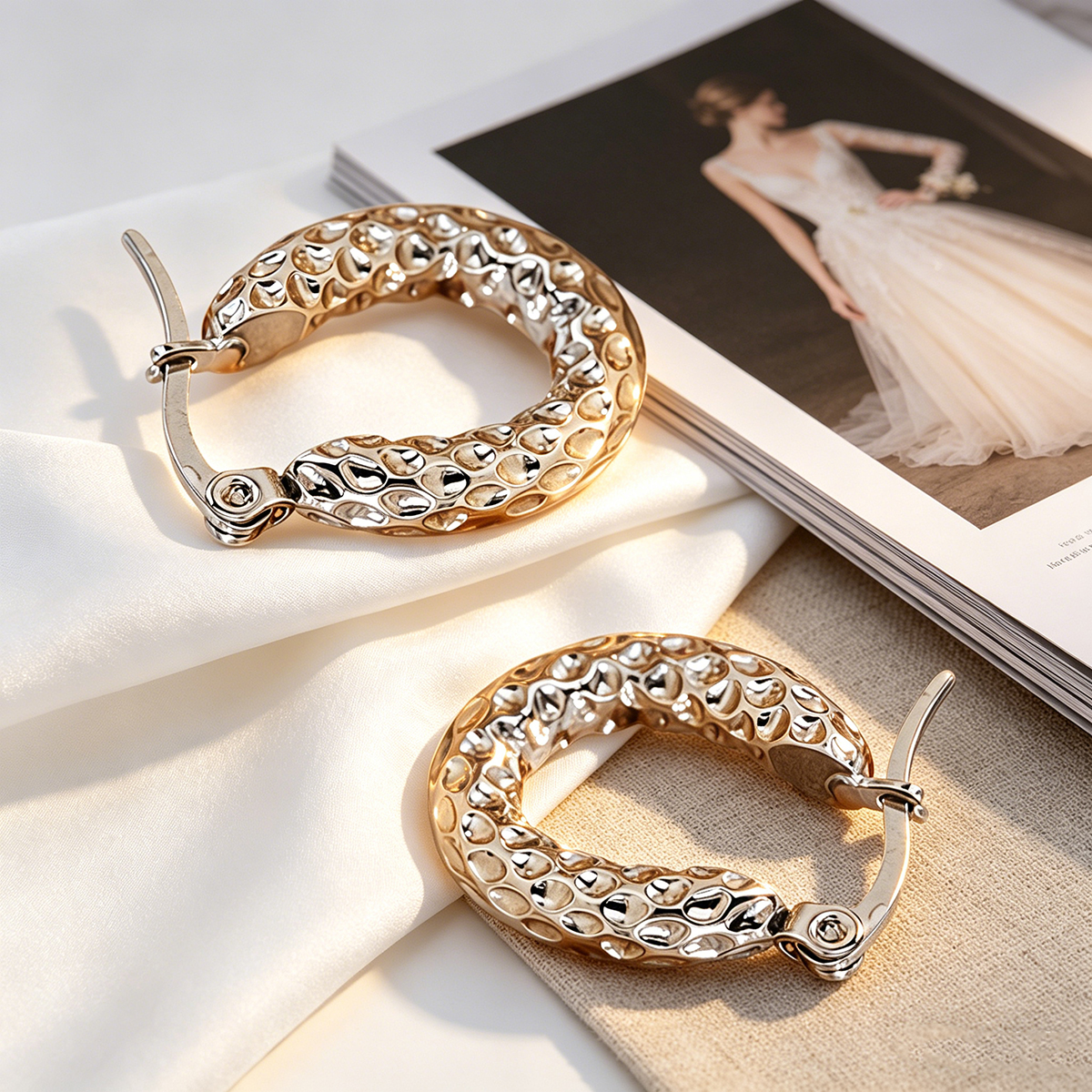 Hammered Circle Earrings In 304 Stainless Steel With 16K Real Gold PVD Coated Plating, 0.01µm Thickness, Unisex Design 9