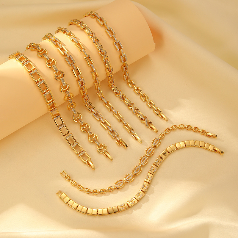Handmade Geometric Copper Bracelet For Women With Zircon Inlay And Handmade Chain 4