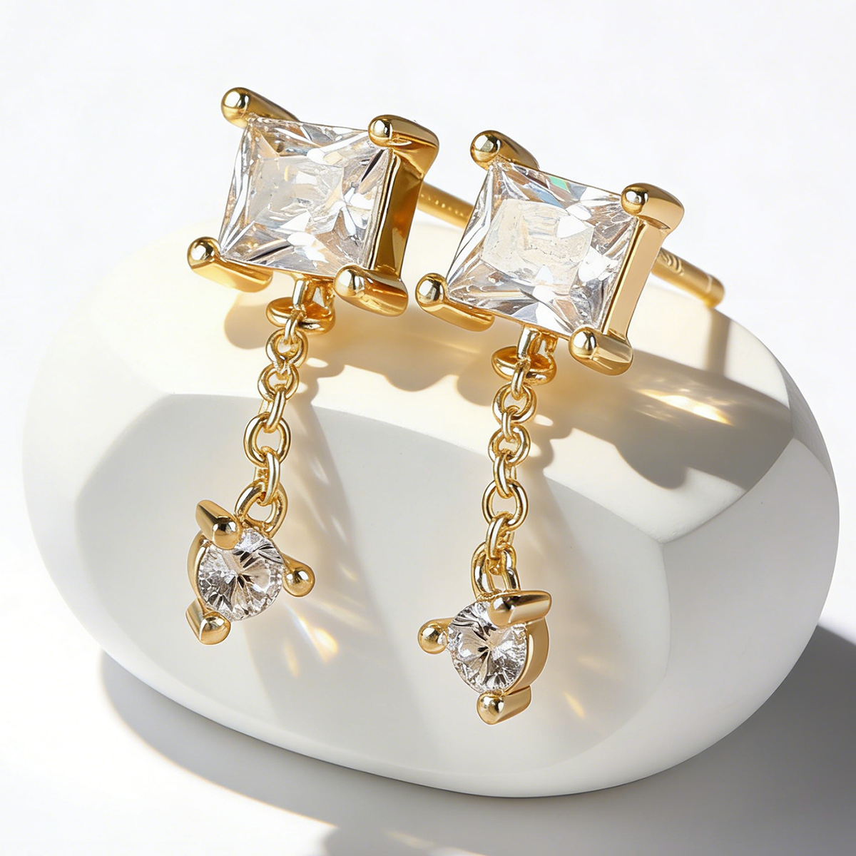 Handmade Geometric Stud Earrings For Women In Copper With 18K Real Gold Electroplated Finish And Rhinestone Inlay