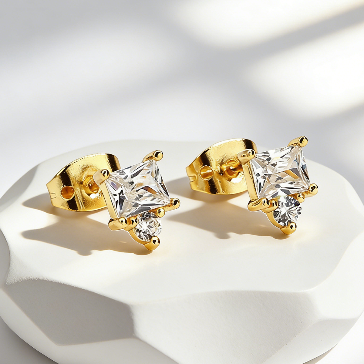 Handmade Geometric Stud Earrings For Women In Copper With 18K Real Gold Electroplated Finish And Rhinestone Inlay 4