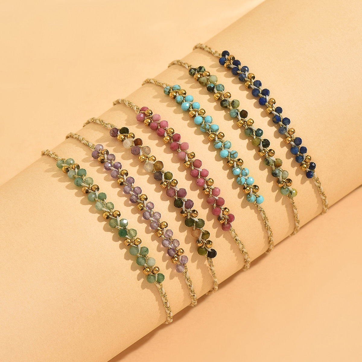 Handmade Golden Plated Wristband With Solid Color Natural Stone And 0.03µm Coating Thickness, Featuring Handmade Chain For Women