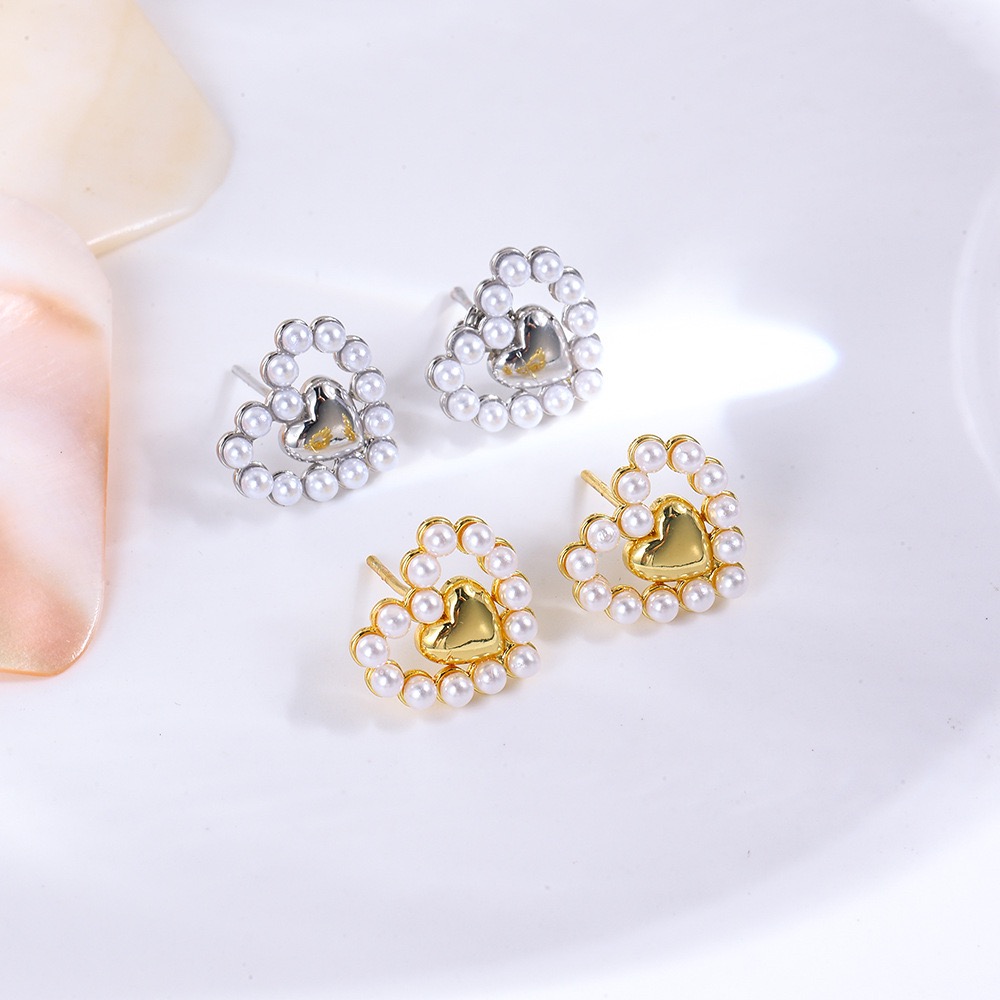 Handmade Heart Shape Stud Earrings For Women, Golden Plated Copper With Pearl Inlay Featuring Water Plating Process