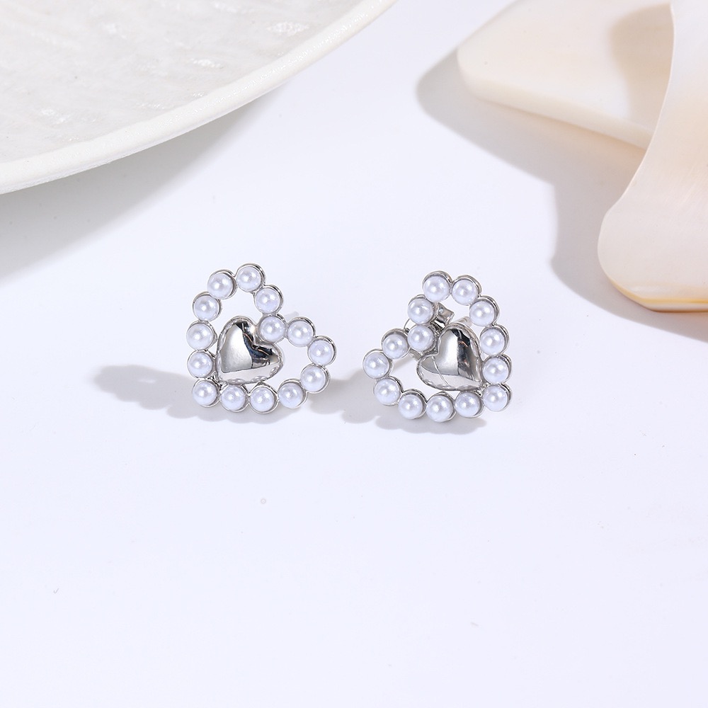 Handmade Heart Shape Stud Earrings For Women, Golden Plated Copper With Pearl Inlay Featuring Water Plating Process 2