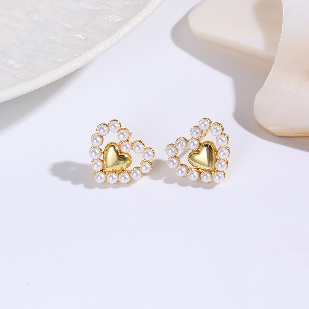 Handmade Heart Shape Stud Earrings For Women, Golden Plated Copper With Pearl Inlay Featuring Water Plating Process 3