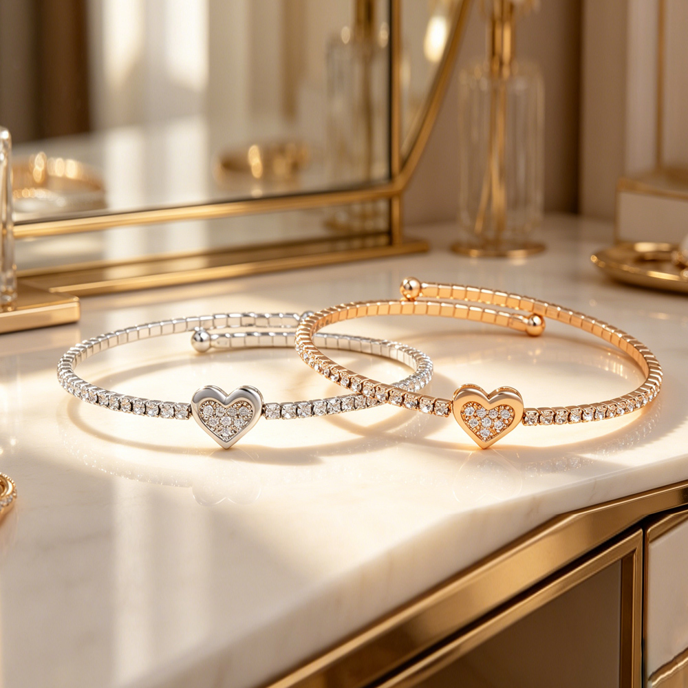 Handmade Heart Shape Wristband For Women In Golden Plated Copper With Rhinestones Featuring Water Plating Process