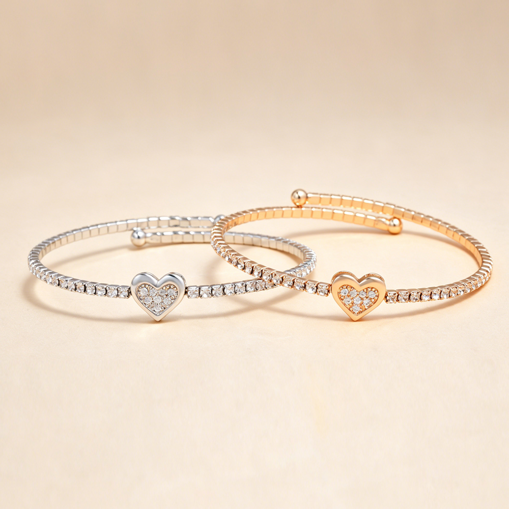 Handmade Heart Shape Wristband For Women In Golden Plated Copper With Rhinestones Featuring Water Plating Process 2