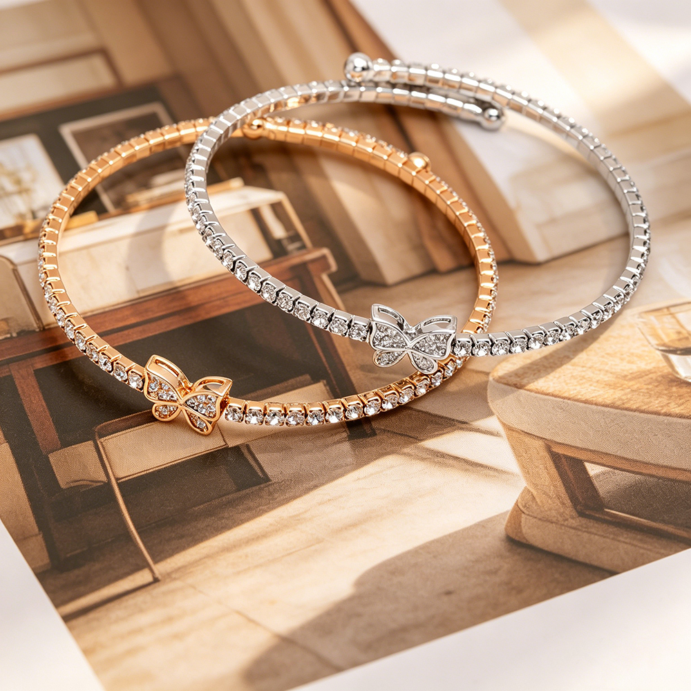 Handmade Heart Shape Wristband For Women In Golden Plated Copper With Rhinestones Featuring Water Plating Process 3
