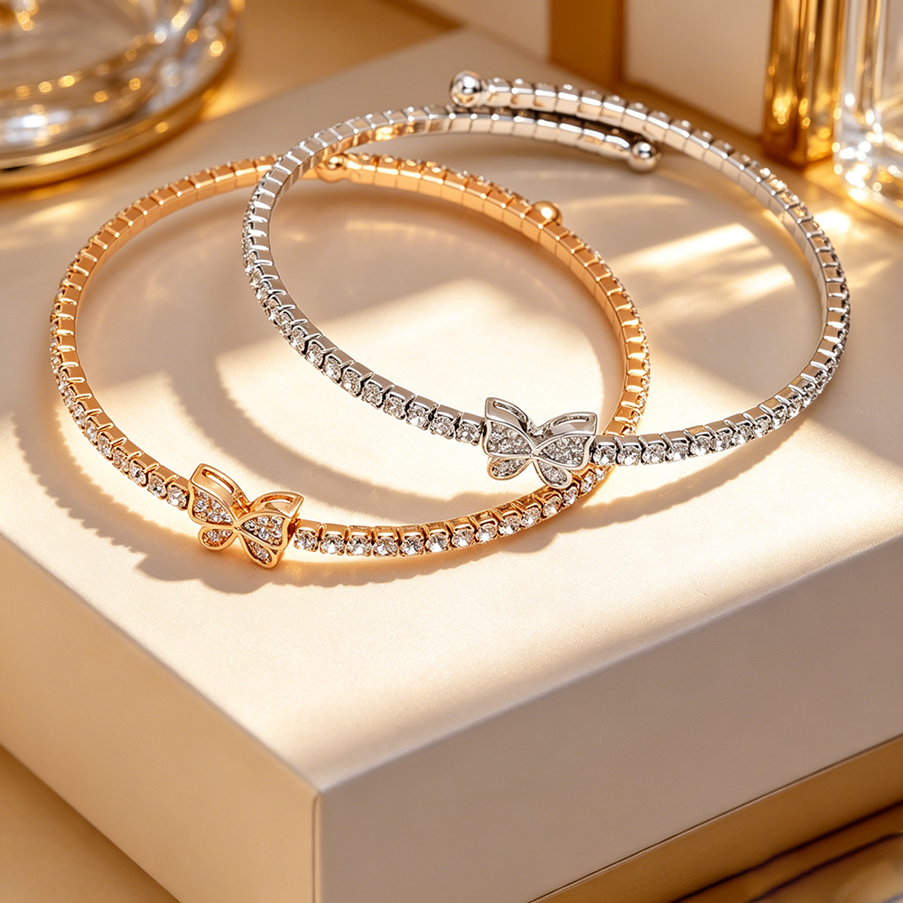 Handmade Heart Shape Wristband For Women In Golden Plated Copper With Rhinestones Featuring Water Plating Process 5