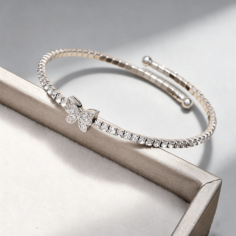 Handmade Heart Shape Wristband For Women In Golden Plated Copper With Rhinestones Featuring Water Plating Process 8