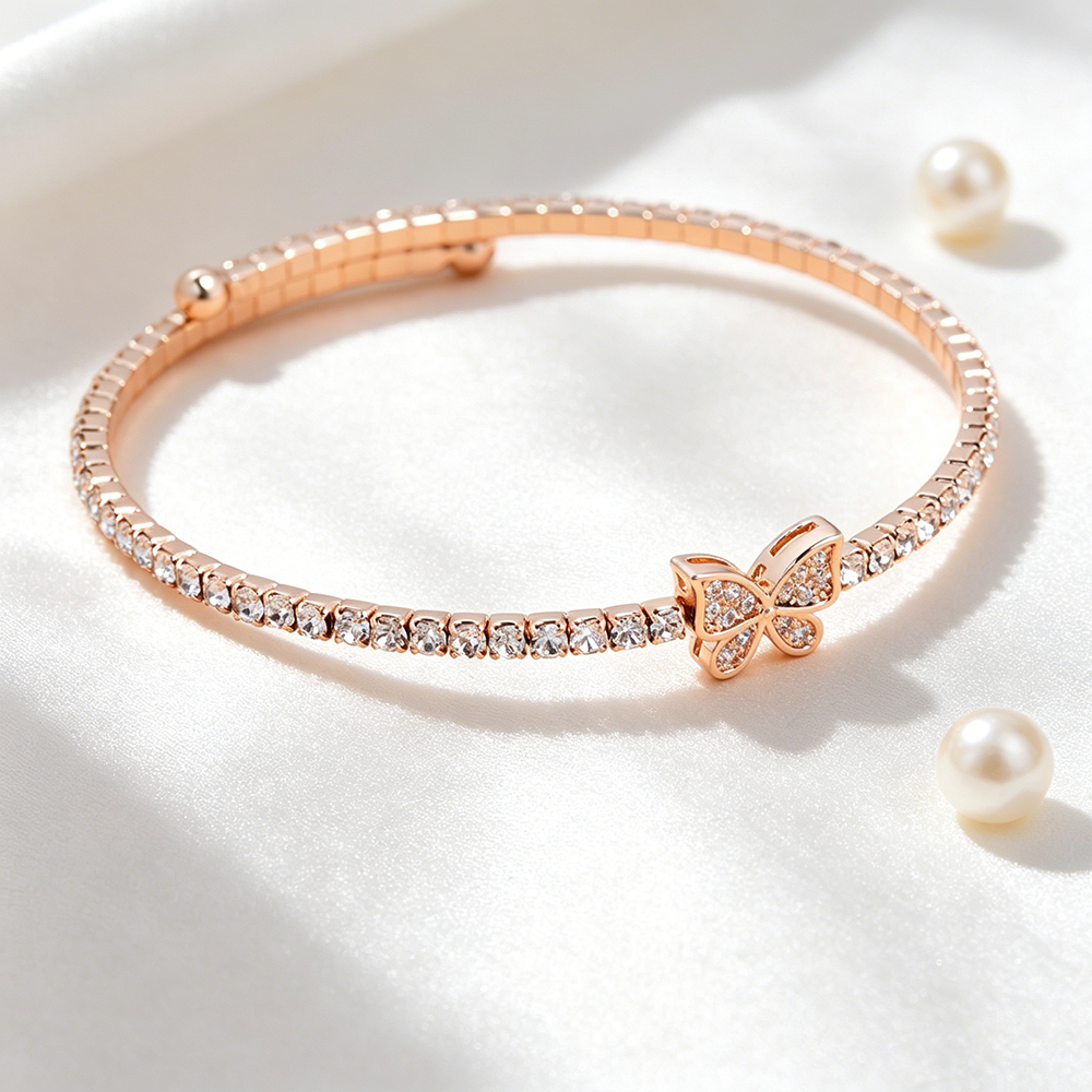 Handmade Heart Shape Wristband For Women In Golden Plated Copper With Rhinestones Featuring Water Plating Process 10