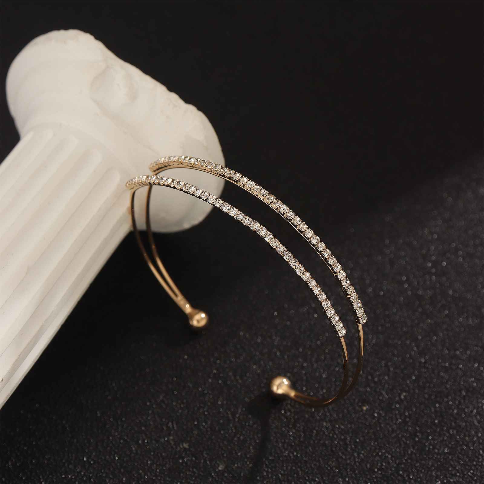 Handmade Lines Bangle For Women In Copper With Golden Plated Water Plating And Rhinestone Inlay 3