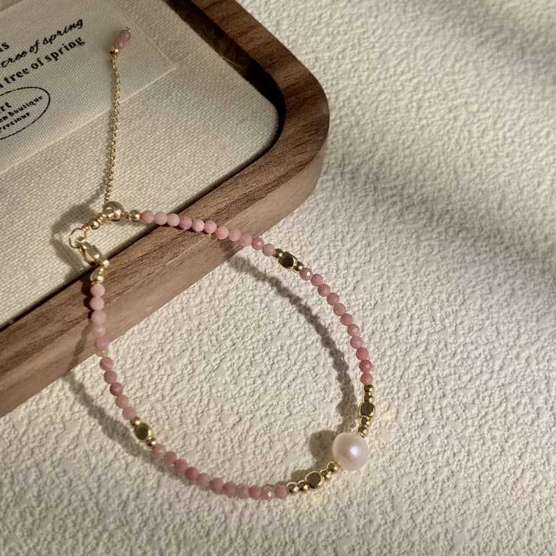 Handmade Pearl Bracelet For Women With Rhodochrosite Inlay In Natural Pink, Sweet Style