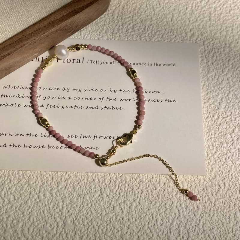 Handmade Pearl Bracelet For Women With Rhodochrosite Inlay In Natural Pink, Sweet Style 3