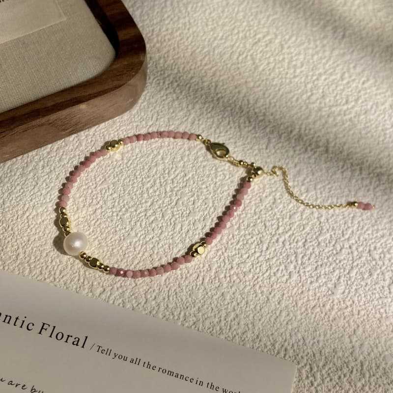 Handmade Pearl Bracelet For Women With Rhodochrosite Inlay In Natural Pink, Sweet Style 4