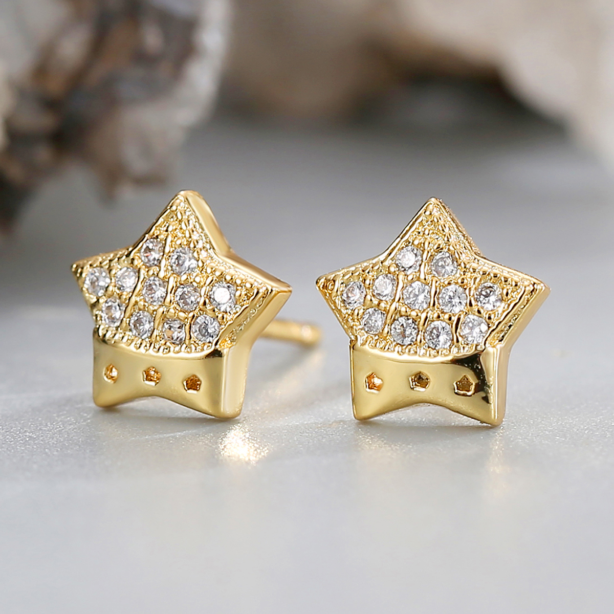 Handmade Pentagram Stud Earrings For Women In Copper With 18K Real Gold Plating And Rhinestone Inlay, Electroplated Finish