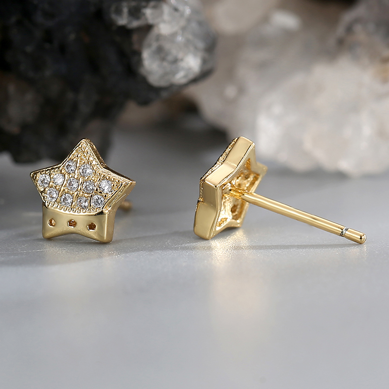 Handmade Pentagram Stud Earrings For Women In Copper With 18K Real Gold Plating And Rhinestone Inlay, Electroplated Finish 2