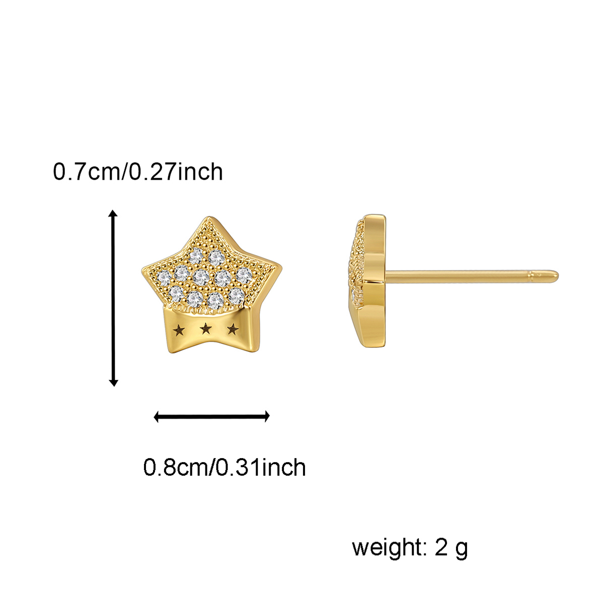 Handmade Pentagram Stud Earrings For Women In Copper With 18K Real Gold Plating And Rhinestone Inlay, Electroplated Finish 3