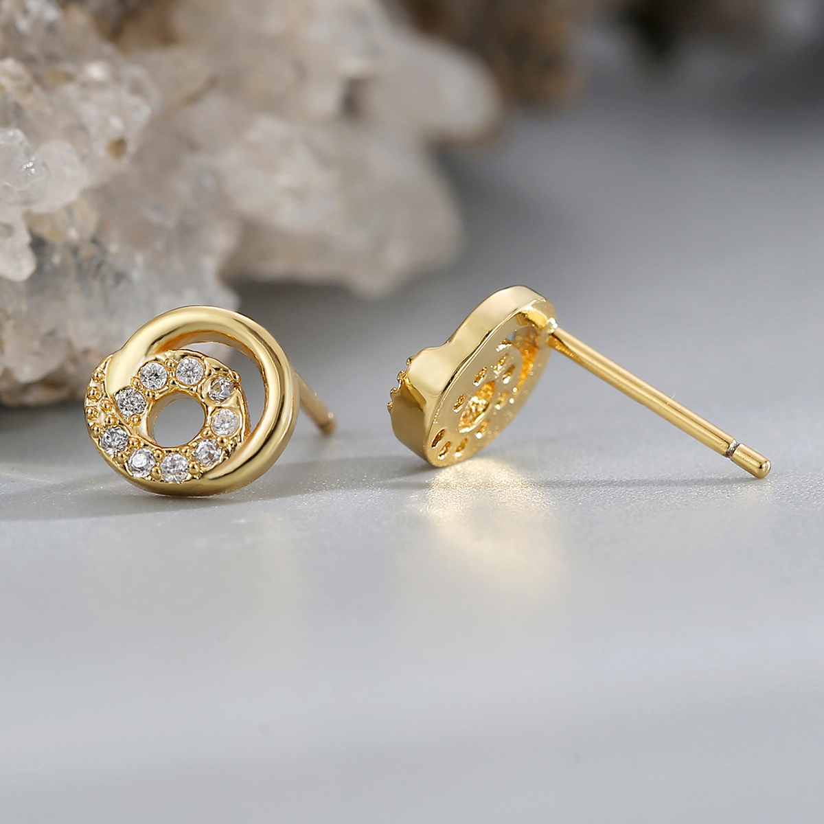 Handmade Pentagram Stud Earrings For Women In Copper With 18K Real Gold Plating And Rhinestone Inlay, Electroplated Finish 7